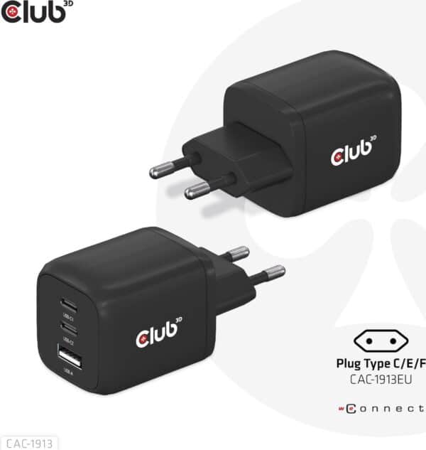 CLUB3D Reiseladegerät PPS 65Watt GAN-Technologie - Dreifachanschluss (2x USB Typ-C + USB Typ-A) Power Delivery (PD) 3.0 Unterstützung (CAC-1913EU)